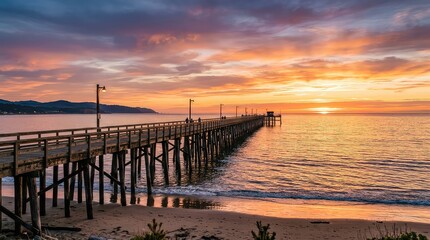 Obraz premium Wooden Pier Extending Into Ocean At Sunset With Dramatic Sky