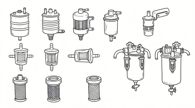 Automotive Fuel Filter Strainer Hand Drawn Line Art Doodle Pack Metal Canister Inline Plastic Petrol Diesel Water Separator Mesh Strainer Contour Retro Style Strictly Textless White Background