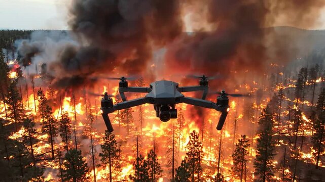 Drone monitoring forest fire: aerial surveillance of wildfire disaster and environmental destruction