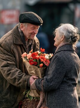 Man Giving Woman a Bouquet of Flowers