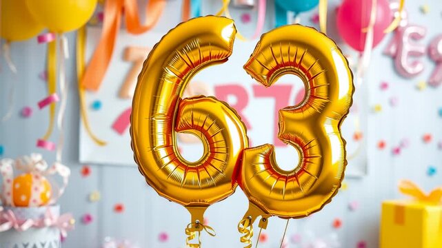 Birthday balloon number sixty three, golden letter figure 63 celebration background AI Generative