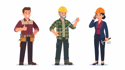 Obraz premium Three construction workers in hard hats with tools, smiling and standing confidently against a white background.