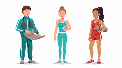 Fototapeta premium Diverse group of people in athletic wear holding yoga mats and gym equipment, ready for a workout session.