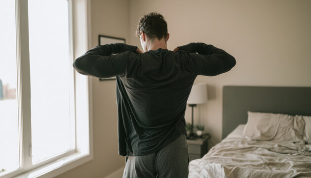 Rear view of person taking off dark sweater in bedroom, undressing and morning routine concept