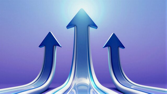 Three blue arrows rise upward, symbolizing growth and progress against a gradient background.
