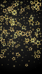 Obraz premium Starry night fairy tale background. Cute sparkling twinkles, christmas spirit in the air. Festive stars vector illustration on black background.