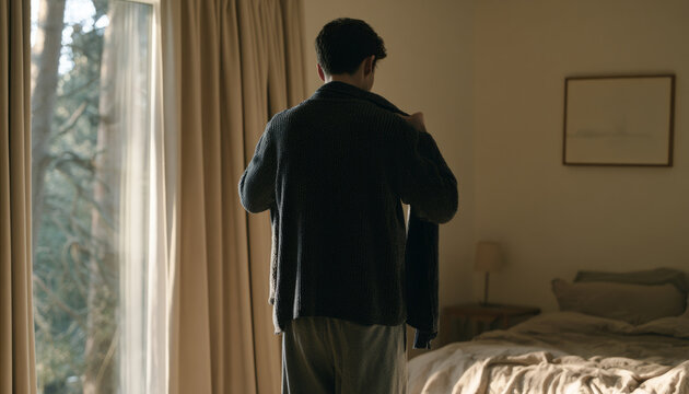 Rear view of person taking off dark sweater in bedroom, undressing and morning routine concept