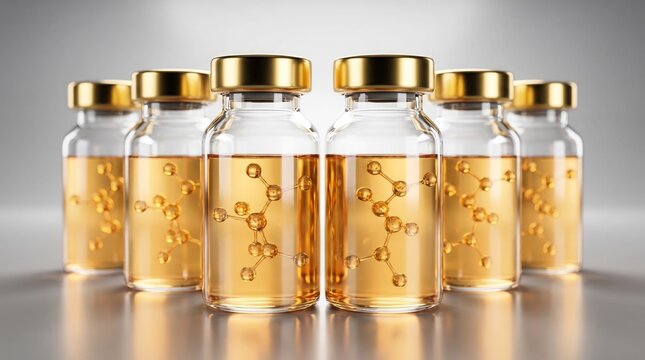 Transparent glass vaccine vials with gold caps containing glowing molecular structures for advanced pharmaceutical research and modern medical laboratory development