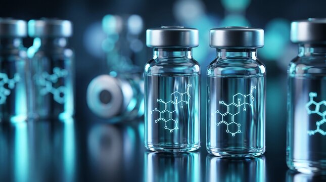 Glass medical vials featuring glowing blue chemical structural formulas displayed in crisp high definition for advanced modern pharmaceutical research studies