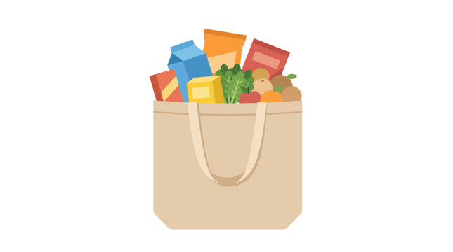 Flat vector illustration of a reusable beige canvas tote bag filled with groceries including a milk carton, snack boxes, fresh kale, apples, and oranges, isolated on white background.