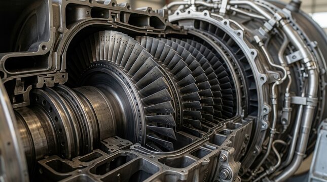 Detailed View of a Cutaway Jet Engine Turbine with Intricate Blades and Piping
