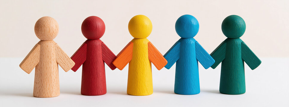 Figures of colorful wooden toy people representing diversity and inclusion as a group concept for team work unity