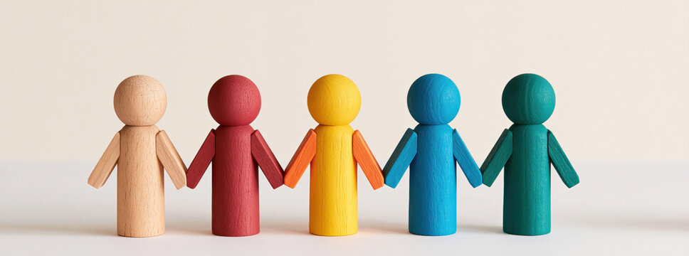 Diversity and unity represented by colorful wooden figures holding hands for team work inclusion and cooperation