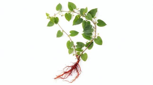 Fresh Marshmallow plant with green leaves and red roots isolated on a white background for herbal medicine and botany concepts