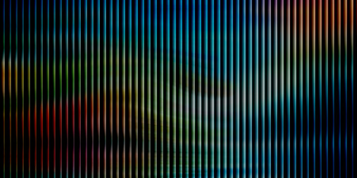 Straight vertical rainbow lines create a textured pinstripe background with vibrant light effects.