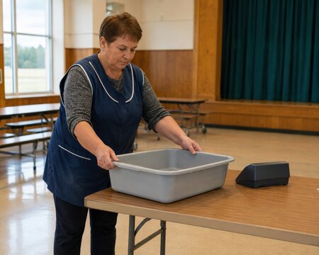 School Food Waste Audit - lunch supervisor sets a tub at comfortable height for repeat collection