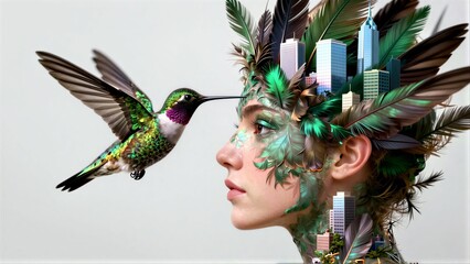 Obraz premium Woman's head adorned with feathers, hummingbird flies beside city skyline.