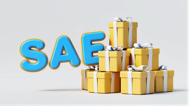 Yellow gift boxes piled high with blue SALE letters beside them.