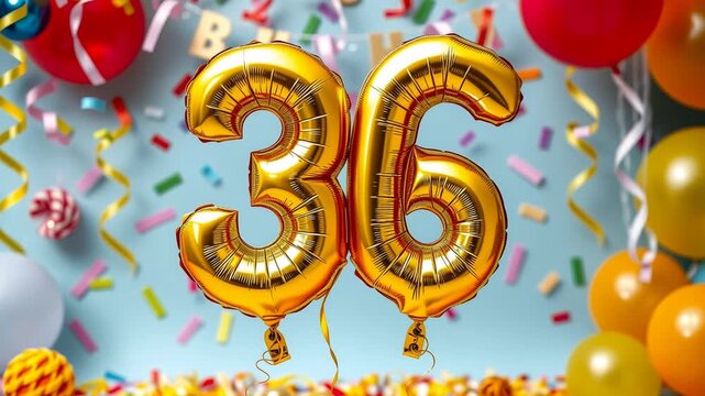 Birthday balloon number thirty six, golden letter figure 36 celebration background AI Generative