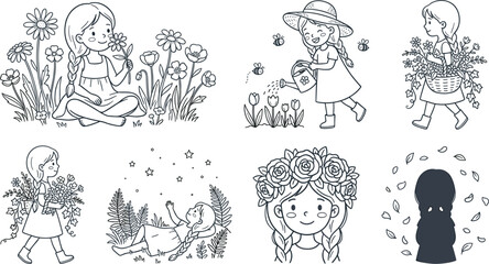 Fototapeta premium Cute Little Girl Gardening and Playing in Nature Black and White Outline Vector Set for Kids Coloring Pages and Activity Book Designs