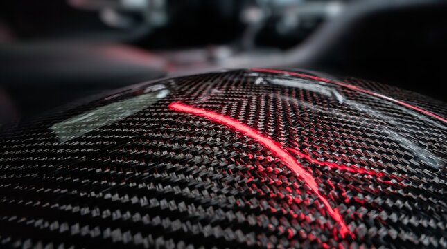 Carbon fiber car interior texture with red ambient lighting and luxury automotive detail