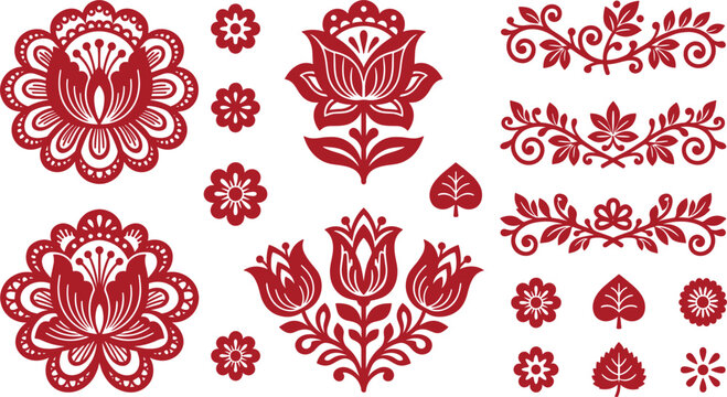 Traditional Red Folk Art Floral Ornament Vector Set with Ornate Polish Wycinanki and Hungarian Matyo Style Flowers, Dividers, and Leaf Motifs