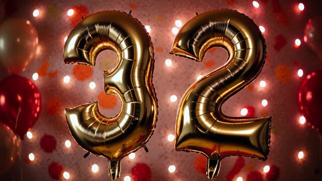 Birthday balloon number thirty two, golden letter figure 32 celebration background AI Generative