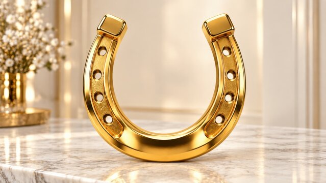 Elegant gold horseshoe rests on a marble surface with blurred floral elements, suggesting luxury, wealth, and good fortune.