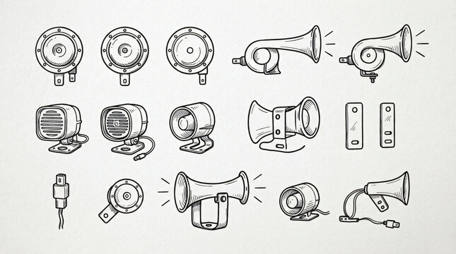 Car Horn Alarm Siren Line Art Doodle Collection Hand Drawn Disc Electric Trumpet Snail Security Siren Mounting Bracket Connector Icon Design Flat Outline Style Strictly Textless White Background