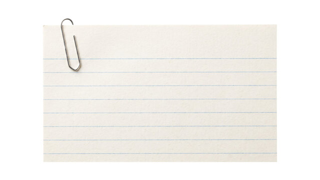 White lined index card with silver metal paperclip for office reminders and organization notes.