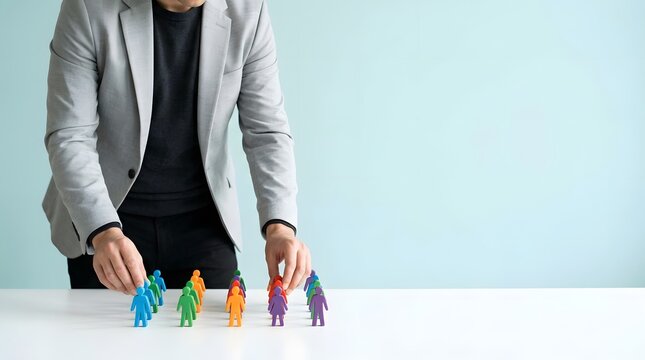 Person in a grey blazer arranging small, colorful human-shaped wooden figurines on a white table against a light blue background
