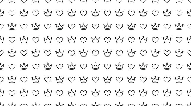 Hand-drawn crown and heart pattern isolated