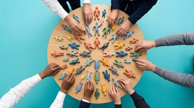 Hands arranging small, colorful human-shaped figurines on a circular wooden table against a solid turquoise background, top-down view