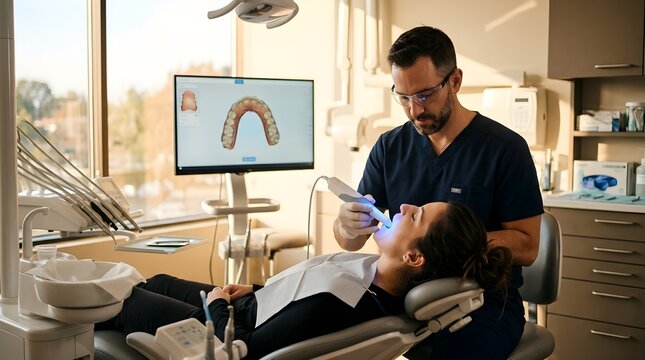 Male dentist using 3D intraoral scanner on a patient for digital teeth impressions in a clinic.