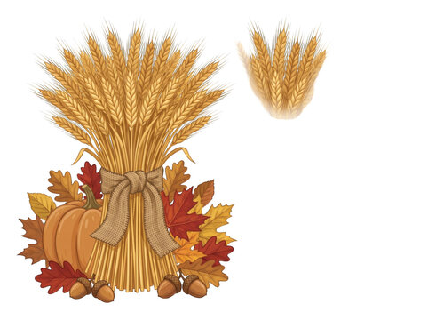 Autumn harvest arrangement with wheat sheaves pumpkin maple leaves acorns and a rustic bow