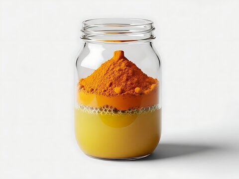 Glass jar with turmeric powder and golden liquid mixture yellow-orange