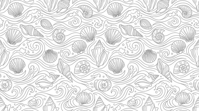 Hand-drawn seashell pattern with waves