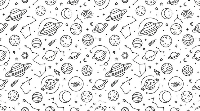 Hand-drawn Space Planets and Stars Seamless Pattern