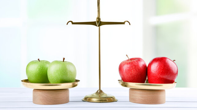 Green apples vs red apples with brass balance scale on white table, nutrition comparison concept