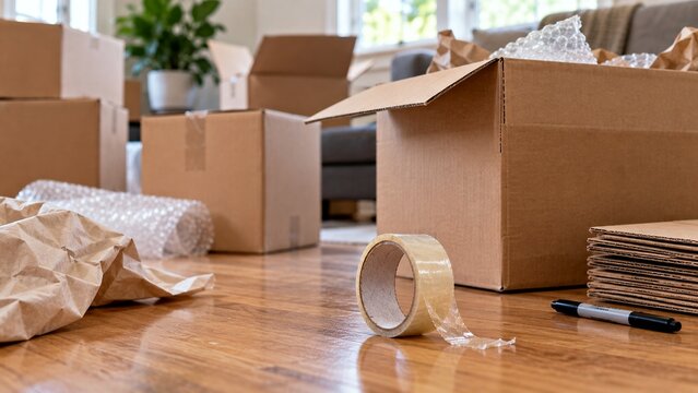 Nearly empty roll of packing tape beside several partially packed cardboard boxes on residential floor, realistic last-minute moving-day frustration