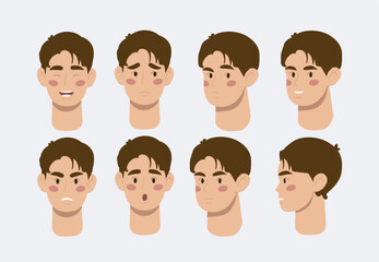 Obraz premium Young male character with multiple facial expressions and head angles showing happy, sad, angry, surprised and neutral emotions, vector illustration