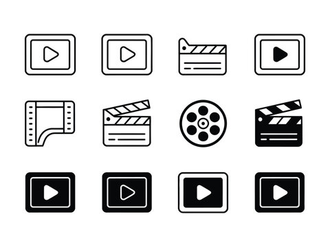 Video icon set. Cinema and movie symbol. Vector illustration. Filmmaking and video production icons camera movie making and cinema flat design.
