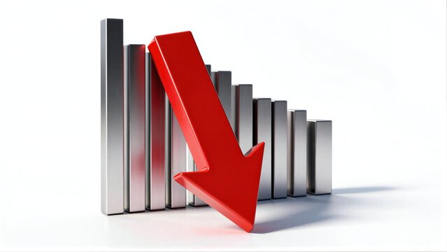 Red arrow points down, symbolizing decline against a row of silver bars.