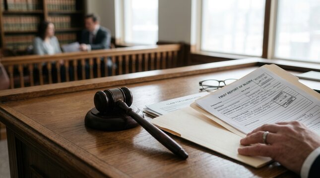 Courtroom scene with gavel and injury report on desk, lawyer and client in background.