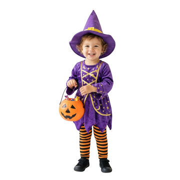 Cute toddler girl wearing a purple witch costume for halloween trick or treat