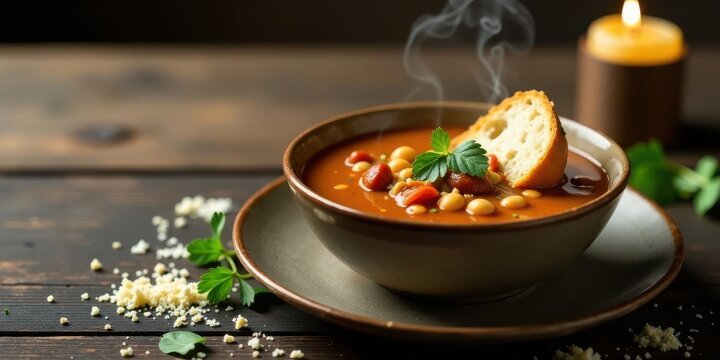 Warm and comforting bean soup with crusty bread, garnished with fresh herbs, served in a rustic bowl on a wooden table beside a candle.