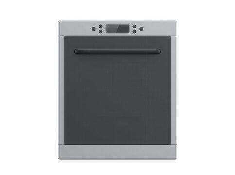 Lavastoviglie moderna da incasso con pannello frontale grigio scuro e finiture in metallo argento, dotata di display digitale e maniglia orizzontale, isolata su sfondo bianco per design d'interni.