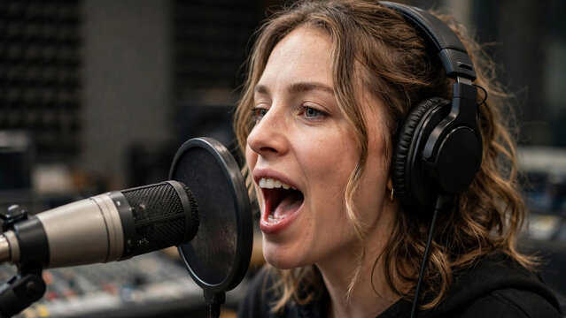Young woman singing into a microphone in a recording studio