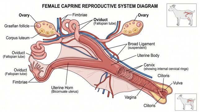 Detailed female caprine reproductive system diagram illustrating internal goat anatomy for veterinary education