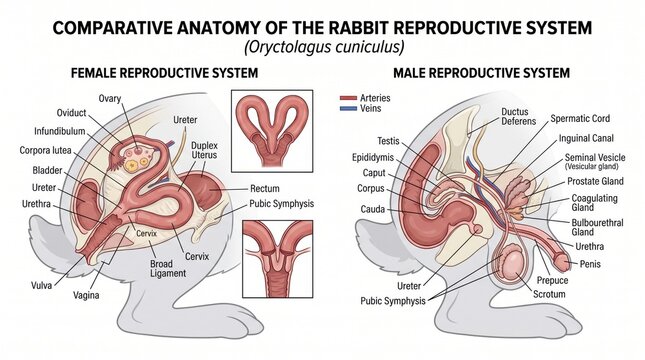 Comparative anatomy of rabbit male and female reproductive systems illustration